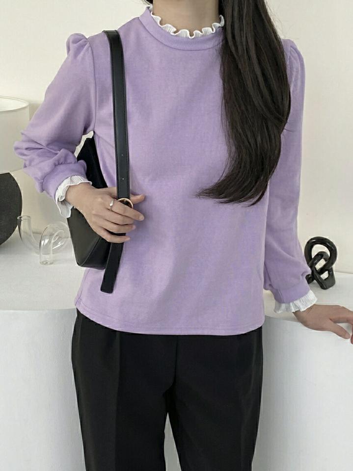 プリーツフリルパフTシャツ・p000869 レディース 【tops】トップス Tシャツ 長袖 ロンT パフスリーブ フリル プリーツ ハーフネック 大人 かわいい フェミニン きれいめ 秋 冬 韓国ファッション MKT