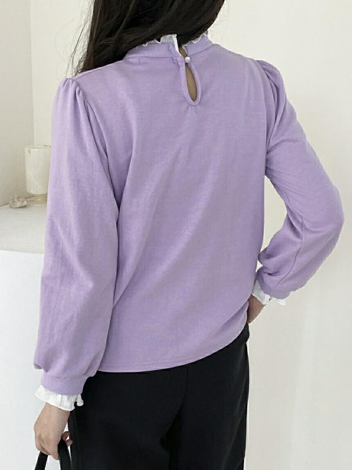 プリーツフリルパフTシャツ・p000869 レディース 【tops】トップス Tシャツ 長袖 ロンT パフスリーブ フリル プリーツ ハーフネック 大人 かわいい フェミニン きれいめ 秋 冬 韓国ファッション MKT