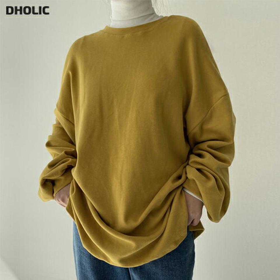 ピーチ起毛ルーズTシャツ・p000918 レディース 【tops】トップス Tシャツ 長袖 ラウンドネック ルーズ ゆったり 単色 無地 シンプル ベーシック カジュアル ラフ 起毛 大人 黄色 イエロー 秋 冬 韓国ファッション MKT