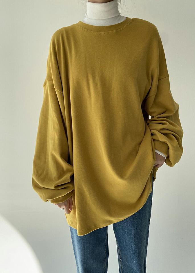ピーチ起毛ルーズTシャツ・p000918 レディース 【tops】トップス Tシャツ 長袖 ラウンドネック ルーズ ゆったり 単色 無地 シンプル ベーシック カジュアル ラフ 起毛 大人 黄色 イエロー 秋 冬 韓国ファッション MKT