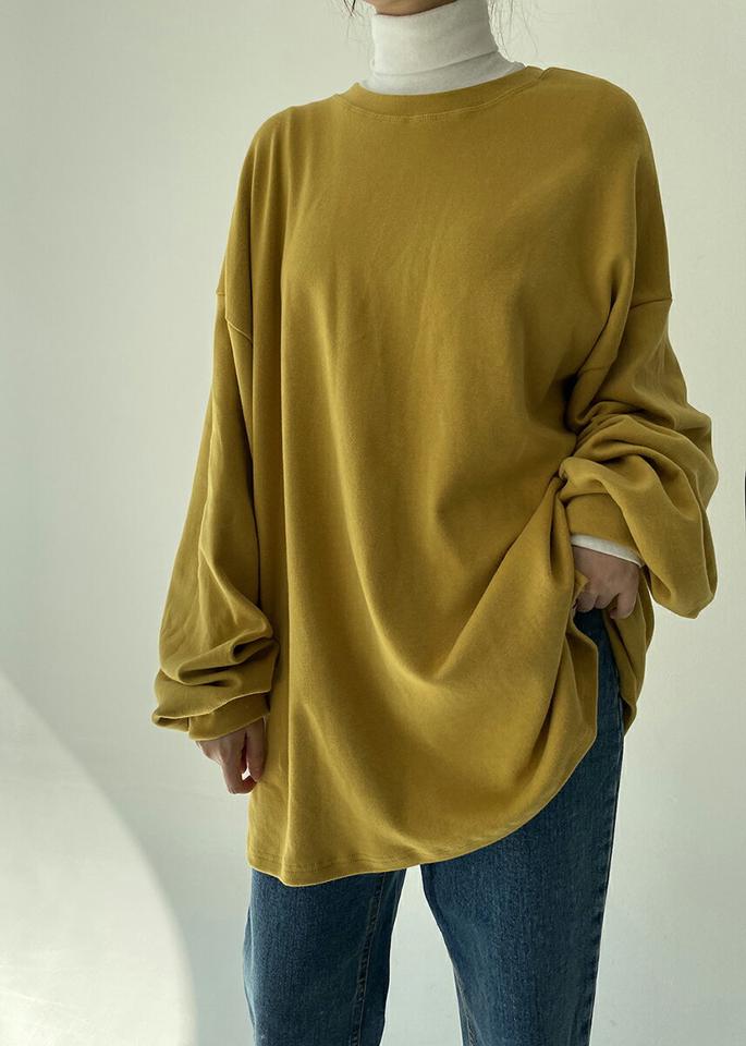 ピーチ起毛ルーズTシャツ・p000918 レディース 【tops】トップス Tシャツ 長袖 ラウンドネック ルーズ ゆったり 単色 無地 シンプル ベーシック カジュアル ラフ 起毛 大人 黄色 イエロー 秋 冬 韓国ファッション MKT