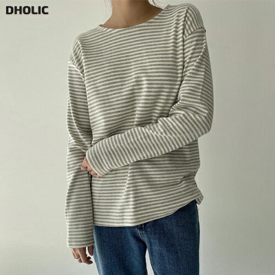 ピーチ起毛ボーダー長袖Tシャツ・p000915 レディース 【tops】トップス Tシャツ 長袖 ロンT ボーダー柄 ラウンドネック ピーチ起毛 カジュアル ラフ 大人 シンプル 秋 冬 韓国ファッション MKT