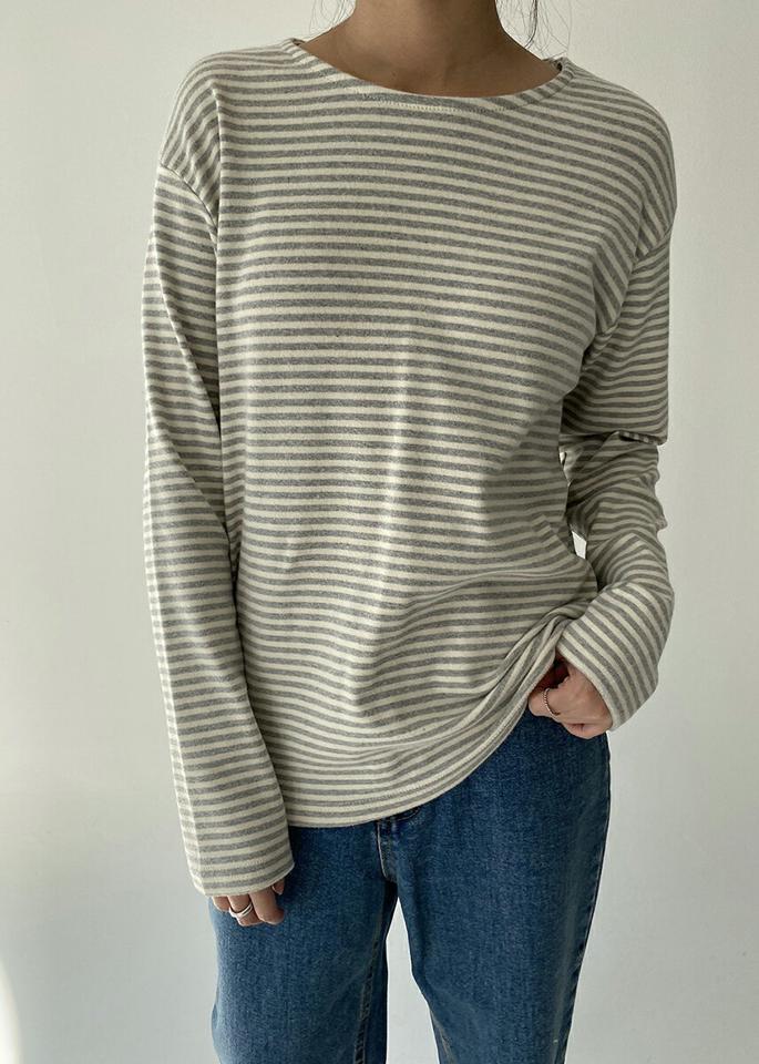 ピーチ起毛ボーダー長袖Tシャツ・p000915 レディース 【tops】トップス Tシャツ 長袖 ロンT ボーダー柄 ラウンドネック ピーチ起毛 カジュアル ラフ 大人 シンプル 秋 冬 韓国ファッション MKT