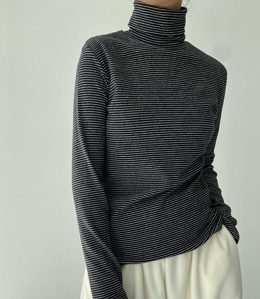 裏起毛タートルボーダーTシャツ・p000902 レディース 【tops】トップス Tシャツ 長袖 ロンT ボーダー柄 タートルネック 裏起毛 カジュアル ラフ 大人 秋 冬 韓国ファッション MKT