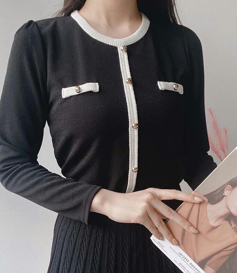 配色ゴールドボタン長袖Tシャツ・p001059 レディース 【tops】Tシャツ トップス 長袖 柄 模様 配色 ライン ボタン ぼたん モノトーン 上品 オフィスカジュアル きれいめ 秋 冬 かわいい 可愛い 韓国ファッション MKT