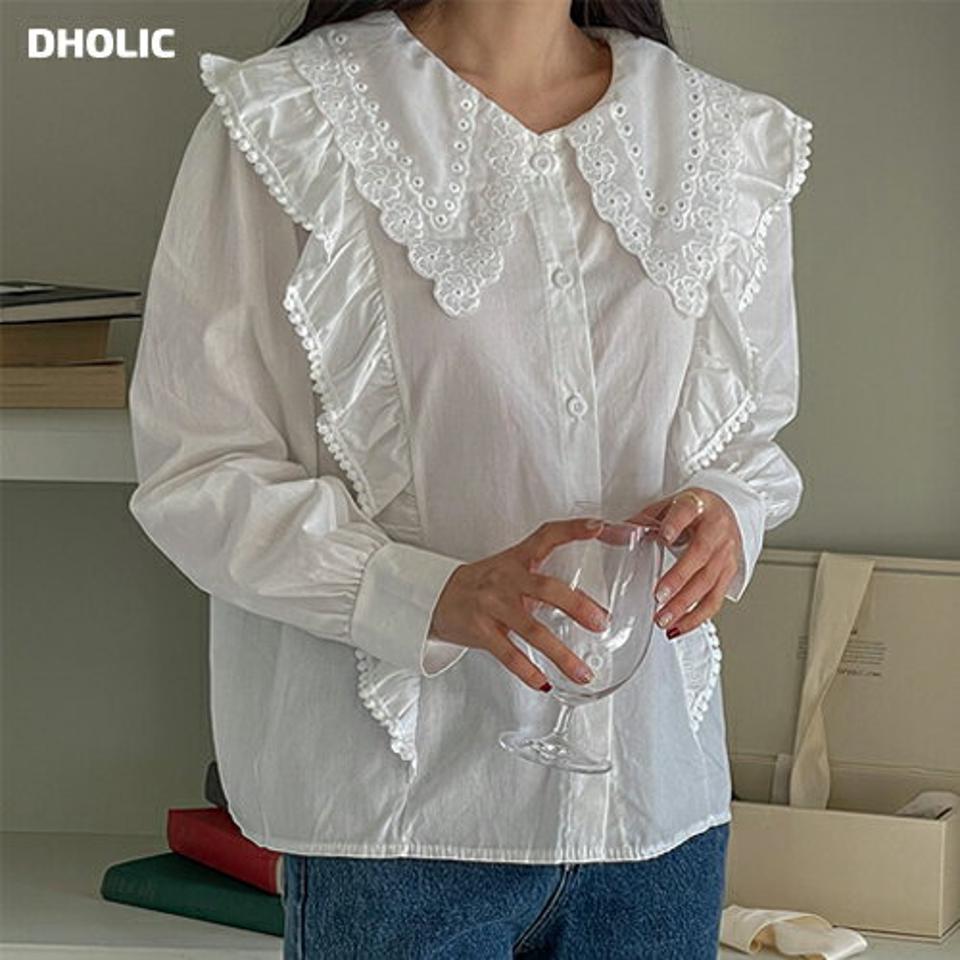 【マラソン特価】花柄レースフリルブラウス・p001054 レディース 【bl】トップス ブラウス 長袖 フリル レース 襟コン 大きい襟 ガーリー かわいい 可愛い 花柄 フラワー 大人 フェミニン 白 ホワイト 秋 冬 春 韓国ファッション MKT