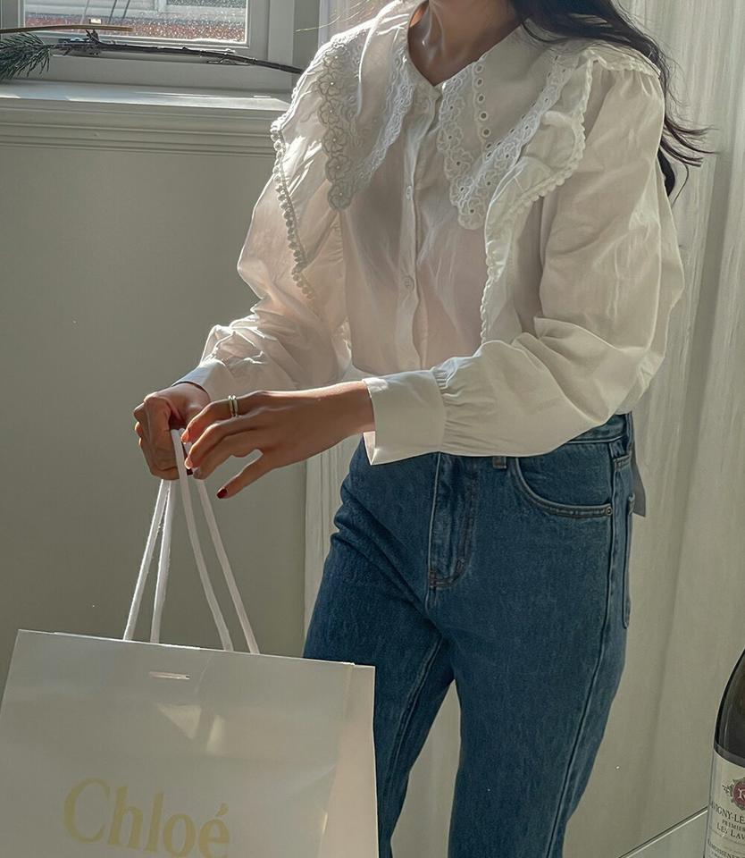 【マラソン特価】花柄レースフリルブラウス・p001054 レディース 【bl】トップス ブラウス 長袖 フリル レース 襟コン 大きい襟 ガーリー かわいい 可愛い 花柄 フラワー 大人 フェミニン 白 ホワイト 秋 冬 春 韓国ファッション MKT