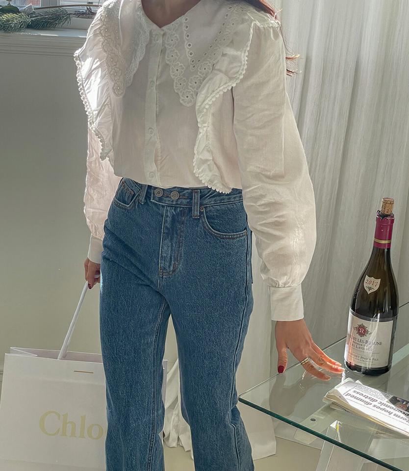 【マラソン特価】花柄レースフリルブラウス・p001054 レディース 【bl】トップス ブラウス 長袖 フリル レース 襟コン 大きい襟 ガーリー かわいい 可愛い 花柄 フラワー 大人 フェミニン 白 ホワイト 秋 冬 春 韓国ファッション MKT