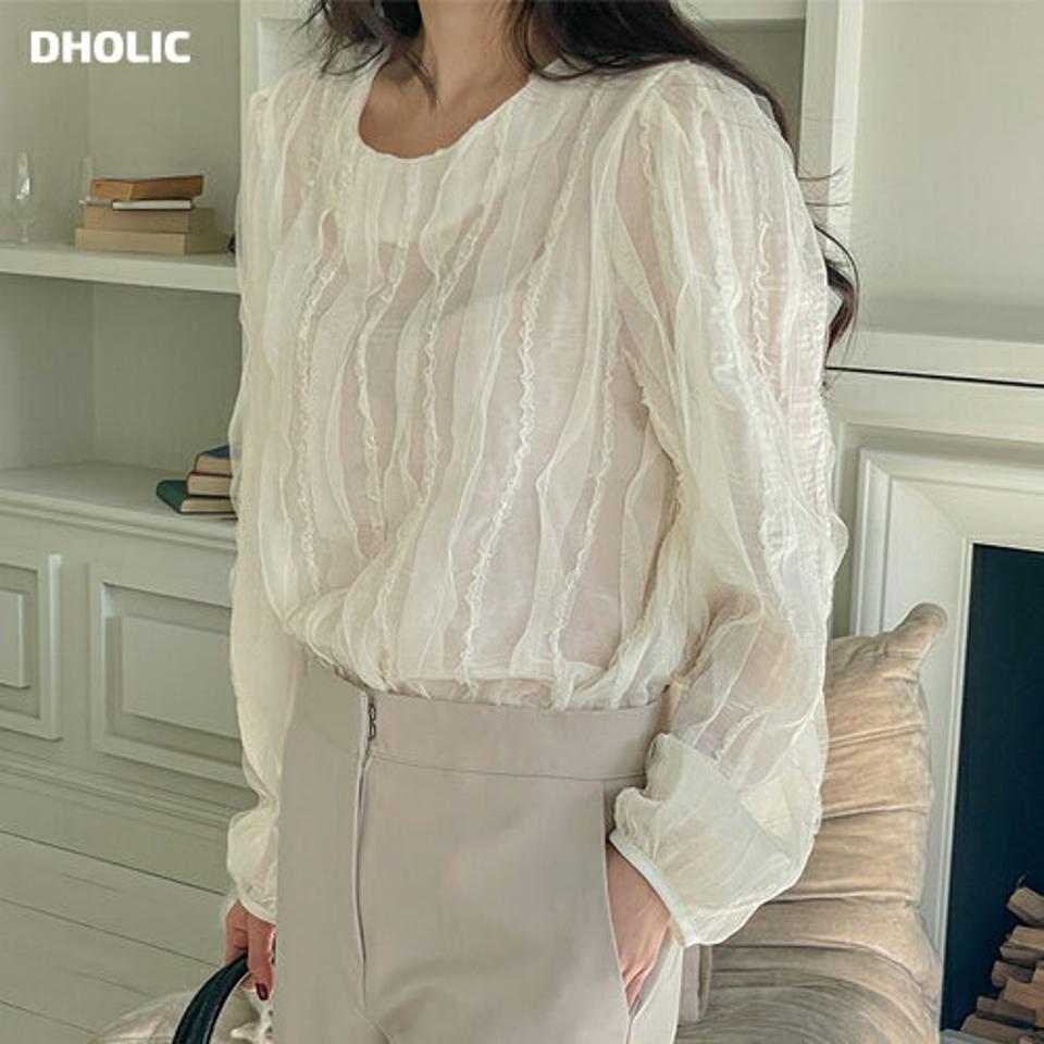 フリルテクスチャーブラウス・p001052 レディース 【bl】トップス ブラウス 長袖 テクスチャ— フリル フェミニン ラウンドネック かわいい 大人 シンプル オフィス オケージョン 秋 冬 春 韓国ファッション MKT