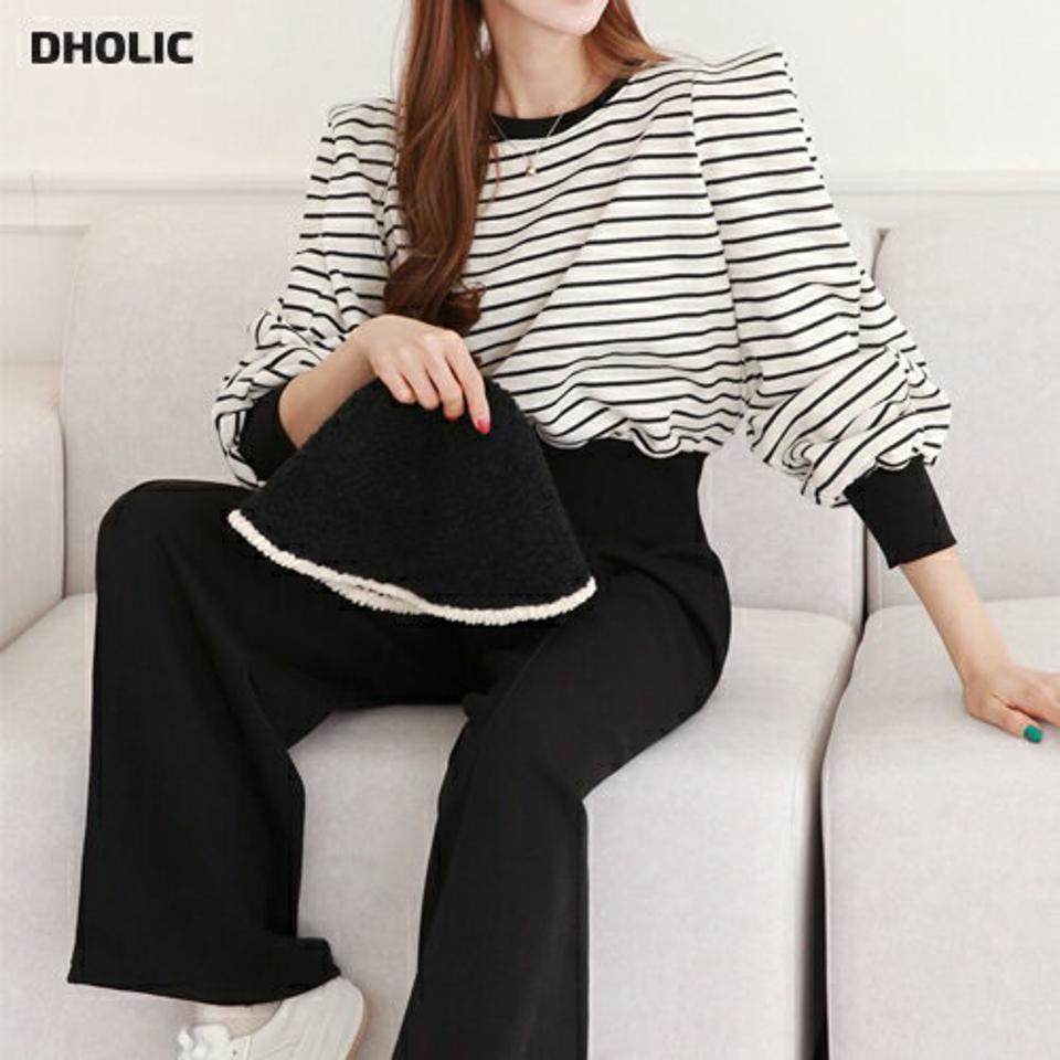 裏起毛ボーダーパフスウェット&パンツSET・p001021 レディース 【pt】セットアップ setup トップス トレーナー スウェット ボーダー柄 肩 裏起毛 パフスリーブ パンツ ズボン ロング シンプル カジュアル 単色 冬 韓国ファッション MKT