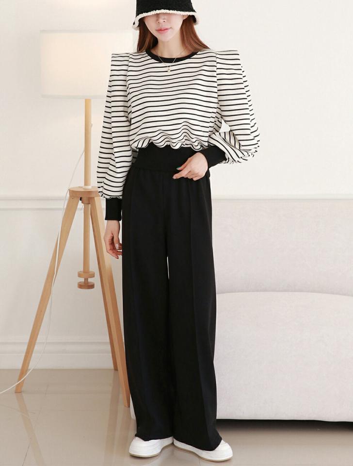 裏起毛ボーダーパフスウェット&パンツSET・p001021 レディース 【pt】セットアップ setup トップス トレーナー スウェット ボーダー柄 肩 裏起毛 パフスリーブ パンツ ズボン ロング シンプル カジュアル 単色 冬 韓国ファッション MKT
