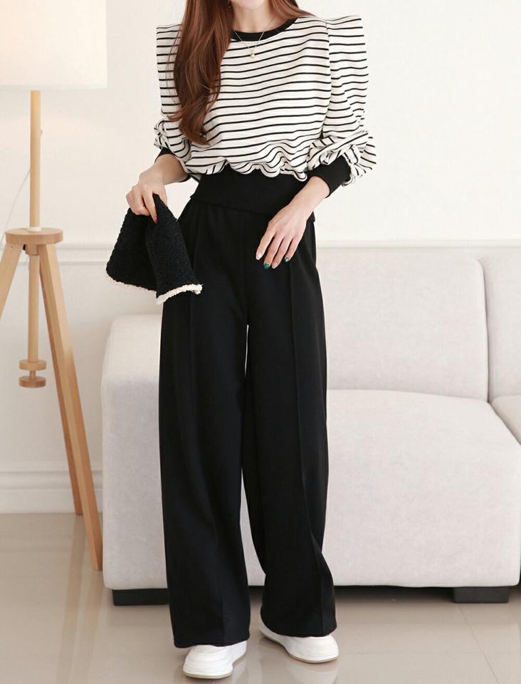 裏起毛ボーダーパフスウェット&パンツSET・p001021 レディース 【pt】セットアップ setup トップス トレーナー スウェット ボーダー柄 肩 裏起毛 パフスリーブ パンツ ズボン ロング シンプル カジュアル 単色 冬 韓国ファッション MKT