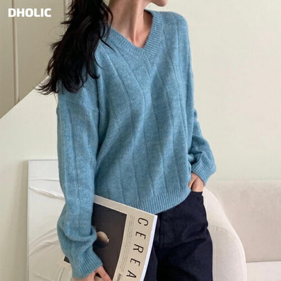 Vネックワイドリブニット・p001016 レディース 【tops】トップス ニット 長袖 Vネック リブ 単色 無地 シンプル カジュアル ラフ カラーニット 水色 ブルー 大人 秋 冬 韓国ファッション MKT