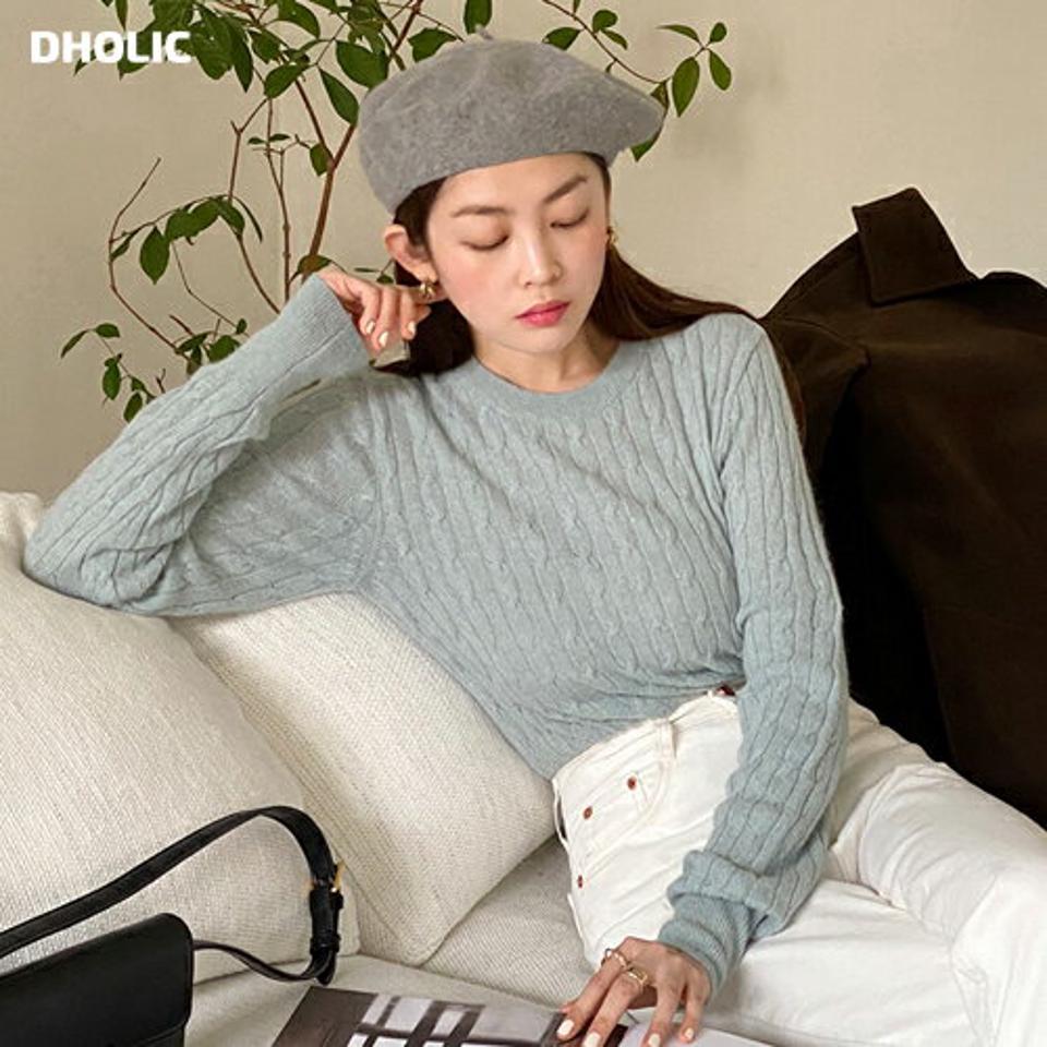 フォックス混ケーブルニット・t00227 レディース 【tops】トップス ニット 大人 長袖 ラウンドネック フォックス混 ケーブルニット メランジカラー 単色 シンプル フェミニン カジュアル 秋 冬 韓国ファッション