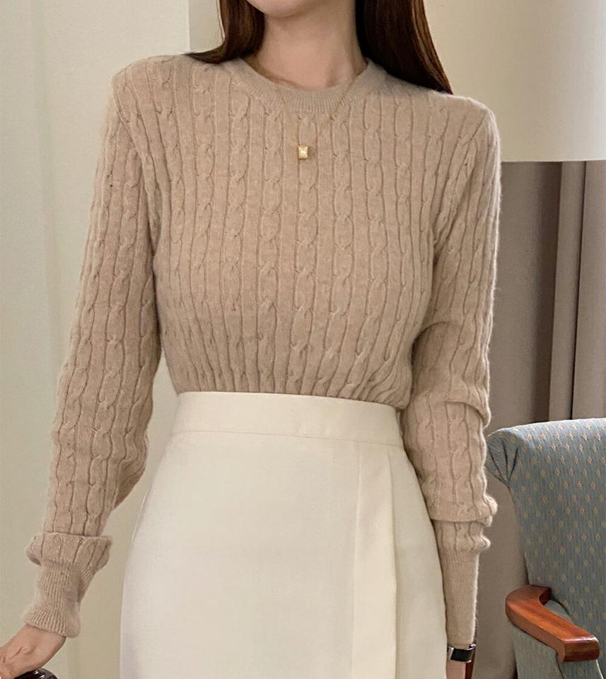 フォックス混ケーブルニット・t00227 レディース 【tops】トップス ニット 大人 長袖 ラウンドネック フォックス混 ケーブルニット メランジカラー 単色 シンプル フェミニン カジュアル 秋 冬 韓国ファッション