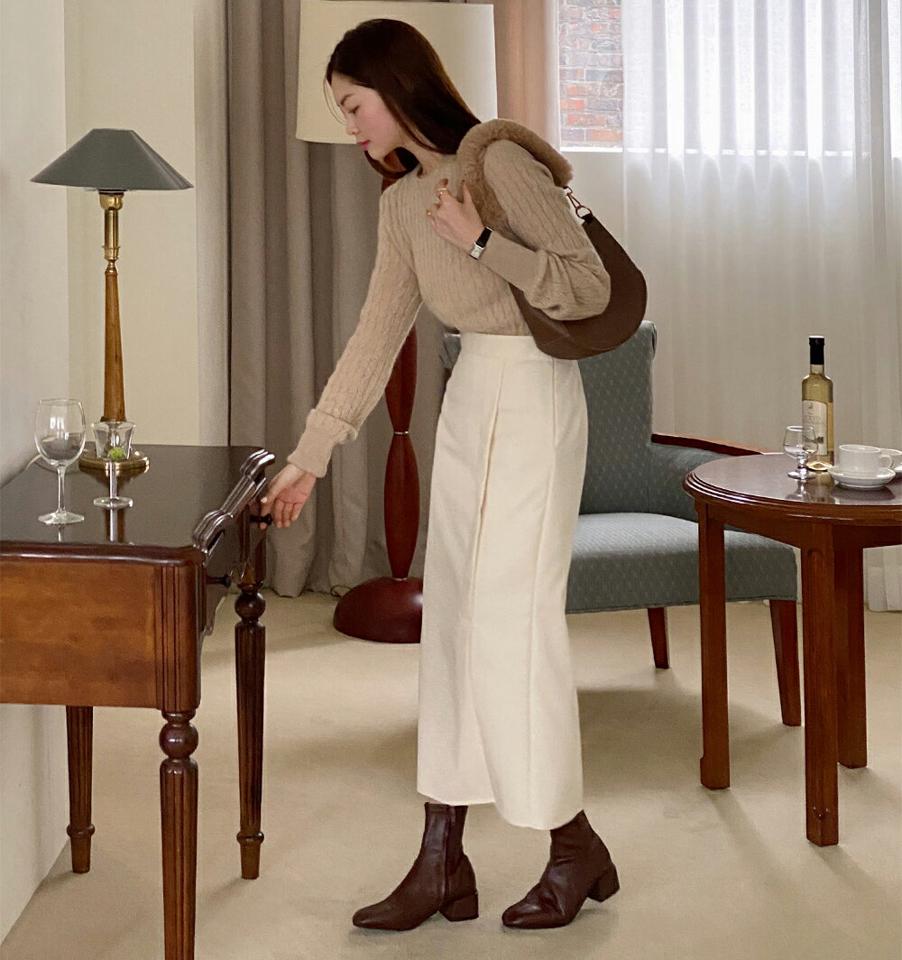 フォックス混ケーブルニット・t00227 レディース 【tops】トップス ニット 大人 長袖 ラウンドネック フォックス混 ケーブルニット メランジカラー 単色 シンプル フェミニン カジュアル 秋 冬 韓国ファッション