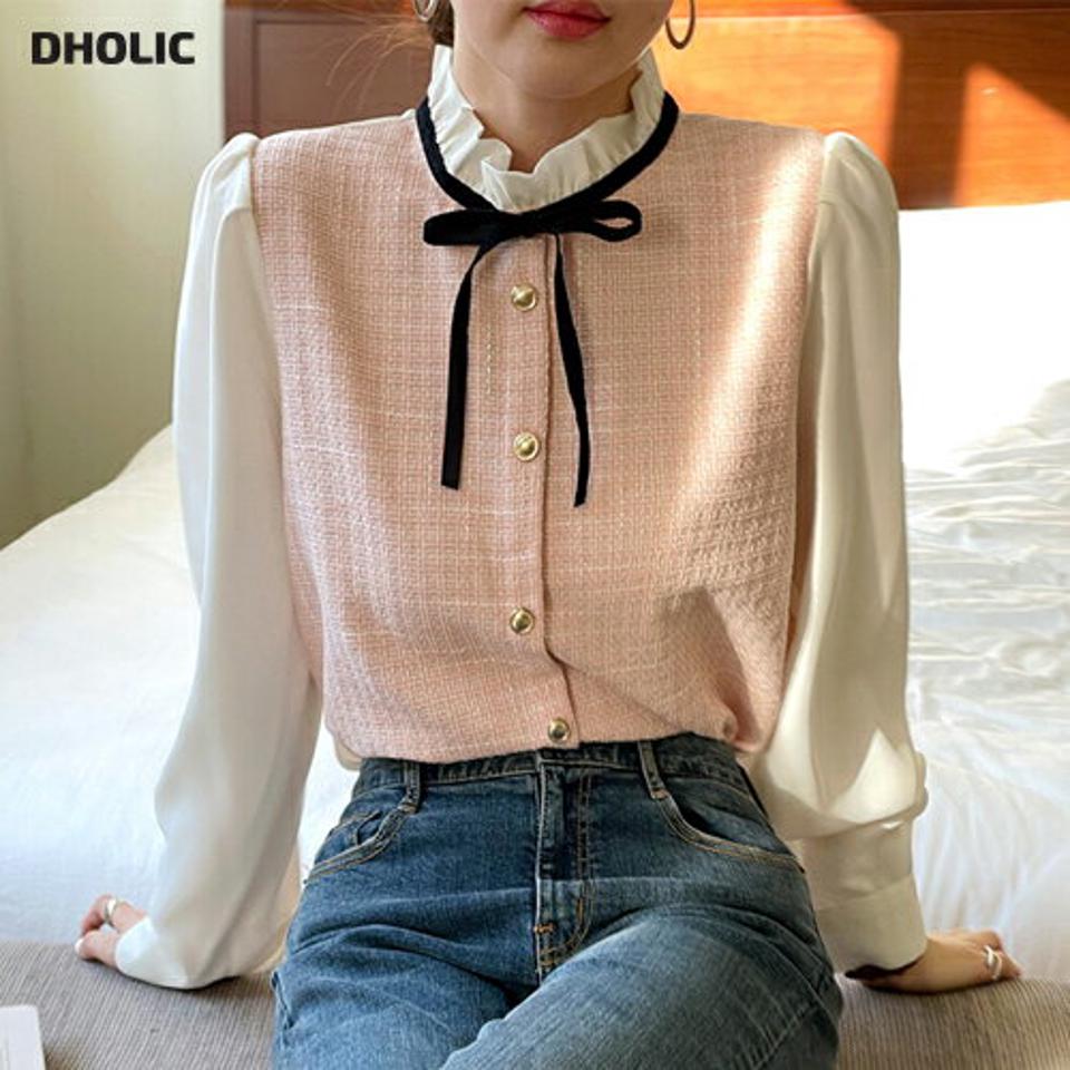 ツイードリボンブラウス・t00239 レディース 【bl】トップス ブラウス 長袖 フリルネック ツイード リボン スリット パフ 大人 お呼ばれ かわいい 可愛い 上品 きれいめ カジュアル フェミニン 秋 冬 韓国ファッション