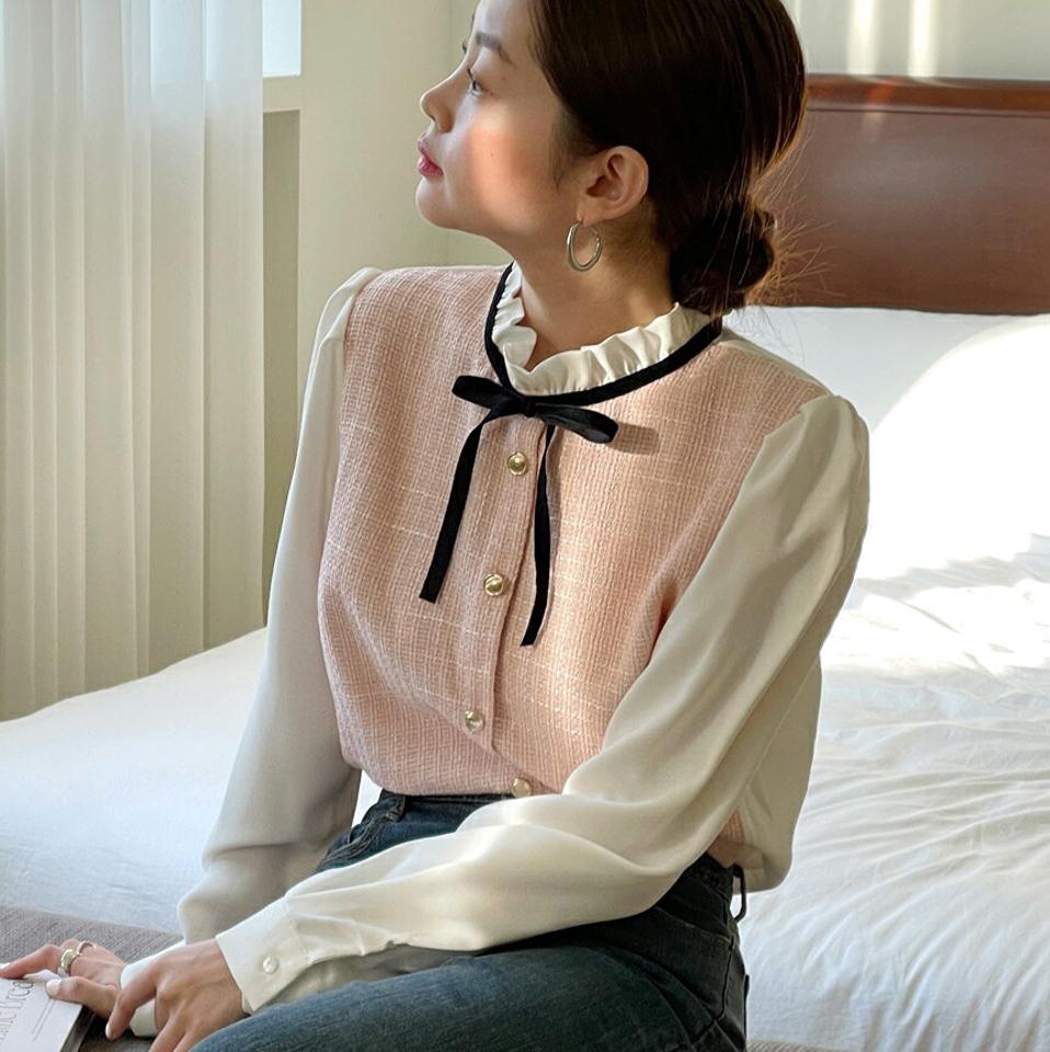 ツイードリボンブラウス・t00239 レディース 【bl】トップス ブラウス 長袖 フリルネック ツイード リボン スリット パフ 大人 お呼ばれ かわいい 可愛い 上品 きれいめ カジュアル フェミニン 秋 冬 韓国ファッション