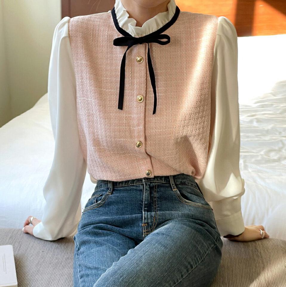 ツイードリボンブラウス・t00239 レディース 【bl】トップス ブラウス 長袖 フリルネック ツイード リボン スリット パフ 大人 お呼ばれ かわいい 可愛い 上品 きれいめ カジュアル フェミニン 秋 冬 韓国ファッション