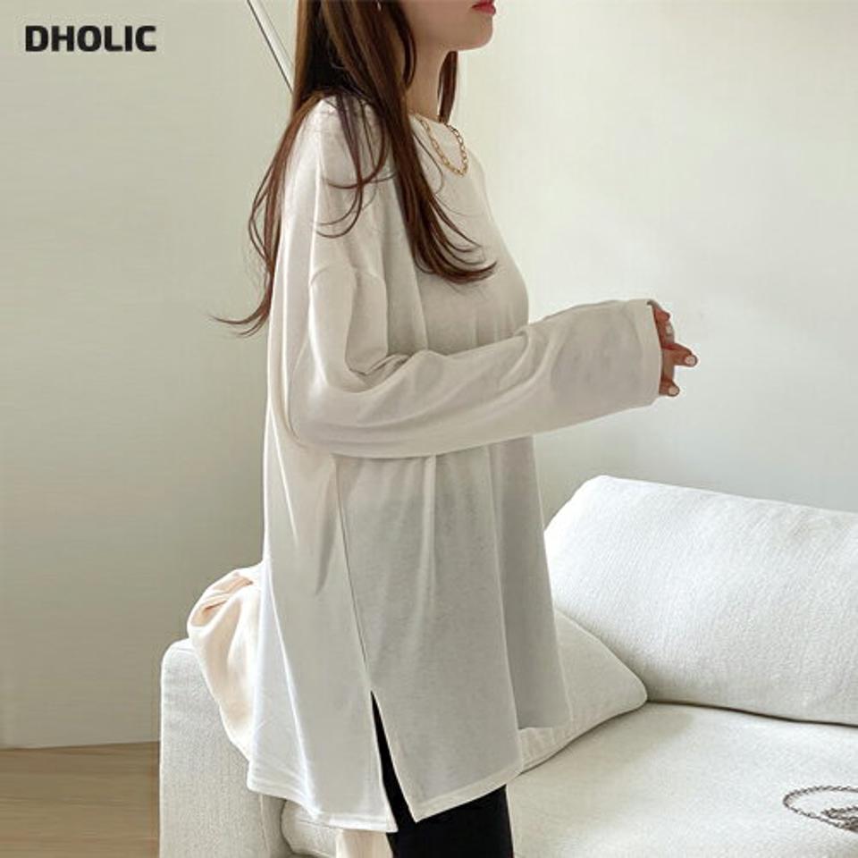 裏起毛サイドスリットルーズ長袖Tシャツ・t00225 レディース 【tops】トップス Tシャツ 大人 長袖 ラウンドネック ドロップショルダー 裏起毛 サイドスリット ルーズ 無地 単色 シンプル フェミニン カジュアル 秋 冬 韓国ファッション