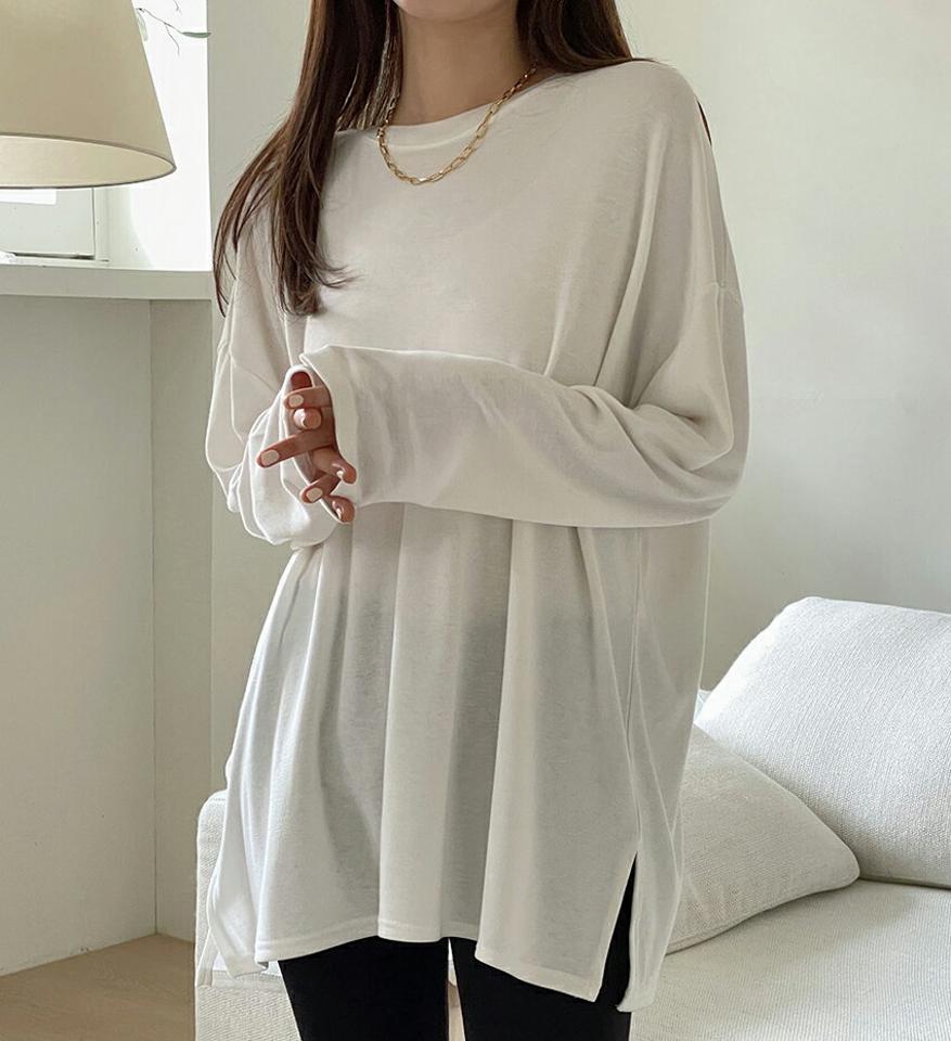 裏起毛サイドスリットルーズ長袖Tシャツ・t00225 レディース 【tops】トップス Tシャツ 大人 長袖 ラウンドネック ドロップショルダー 裏起毛 サイドスリット ルーズ 無地 単色 シンプル フェミニン カジュアル 秋 冬 韓国ファッション