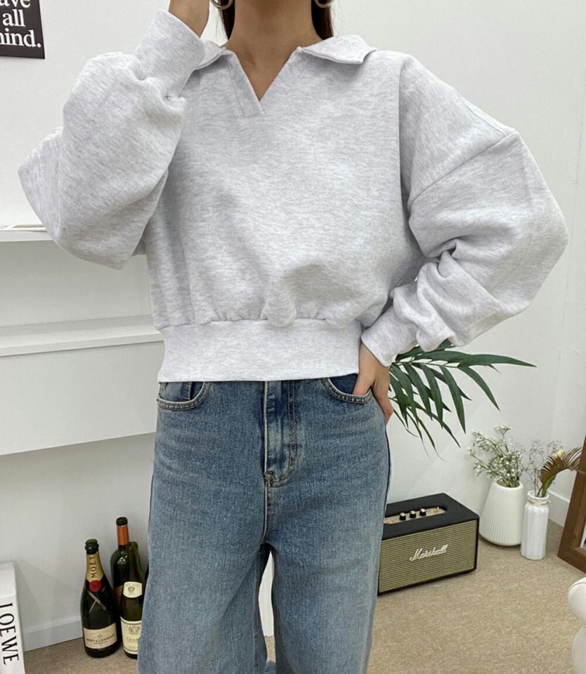 裏起毛スキッパースウェット・p001226 レディース 【tops】トップス スウェット トレーナー 長袖 単色 無地 シンプル ベーシック スキッパー 鎖骨 デコルテ ポロ襟 秋 冬 カジュアル ラフ ドロップショルダー ルーズ 韓国ファッション MKT