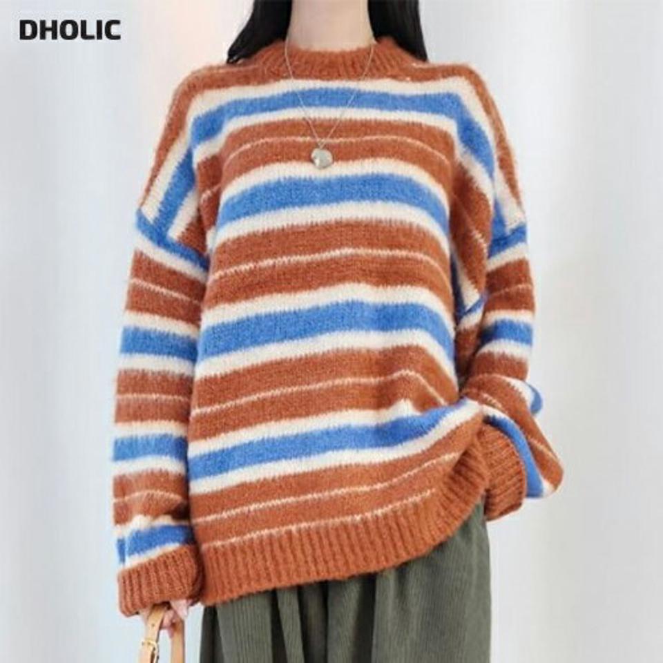 ソフトマルチボーダーニット・p001213 レディース 【tops】 韓国ファッション トップス ニット ラウンドネック 長袖 ドロップショルダー ルーズ オーバーサイズ パターン 柄 毛足長い カジュアル 秋 冬 MKT