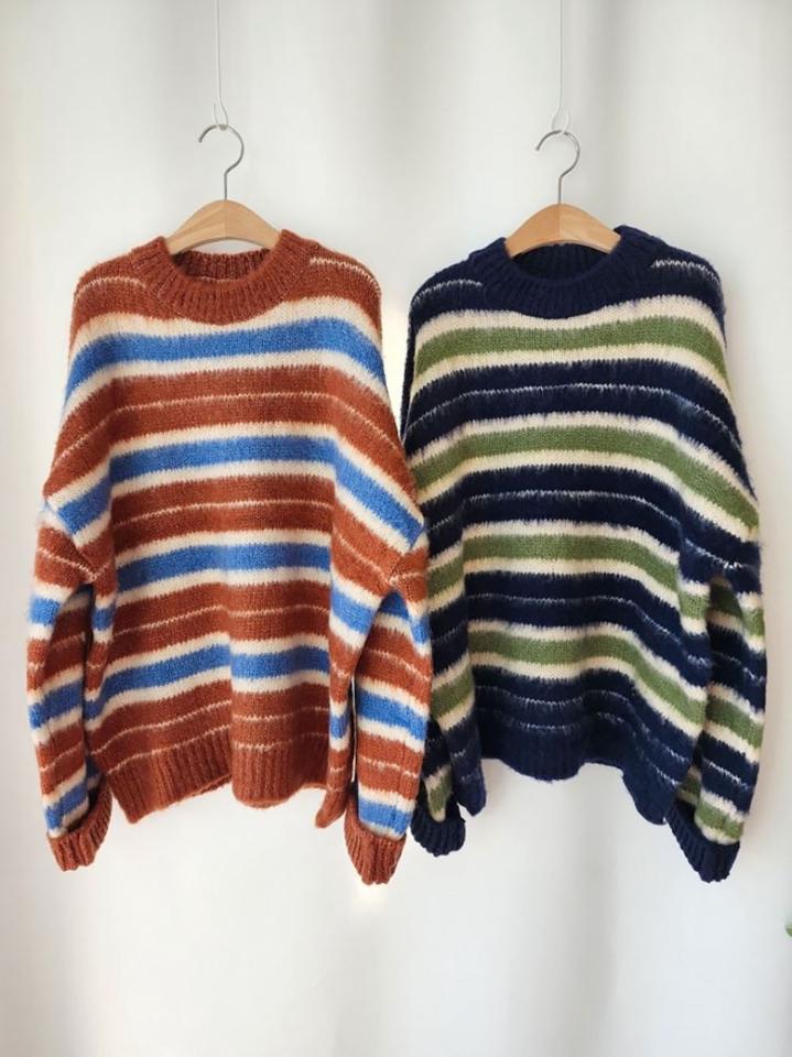 ソフトマルチボーダーニット・p001213 レディース 【tops】 韓国ファッション トップス ニット ラウンドネック 長袖 ドロップショルダー ルーズ オーバーサイズ パターン 柄 毛足長い カジュアル 秋 冬 MKT