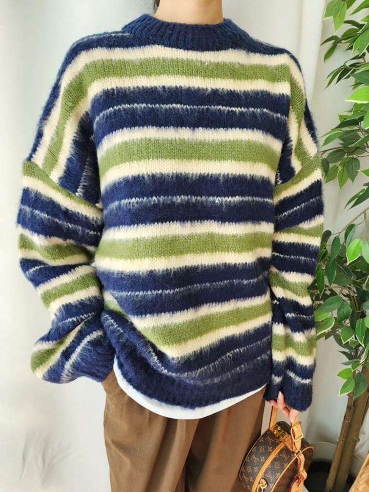 ソフトマルチボーダーニット・p001213 レディース 【tops】 韓国ファッション トップス ニット ラウンドネック 長袖 ドロップショルダー ルーズ オーバーサイズ パターン 柄 毛足長い カジュアル 秋 冬 MKT