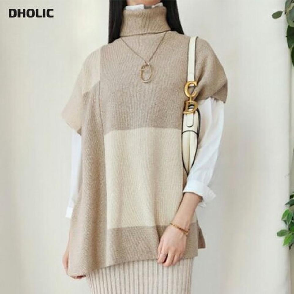 ウール混タートル配色半袖ニット・p001208 レディース 【tops】 韓国ファッション トップス ニット タートルネック ハイネック ハイゲージ ハーフスリーブ 切替 ブロック パターン 柄 ルーズ 体型カバー オーバーサイズ カジュアル 秋 冬 MKT