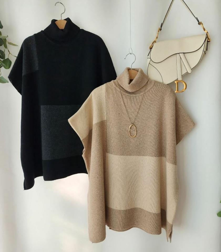 ウール混タートル配色半袖ニット・p001208 レディース 【tops】 韓国ファッション トップス ニット タートルネック ハイネック ハイゲージ ハーフスリーブ 切替 ブロック パターン 柄 ルーズ 体型カバー オーバーサイズ カジュアル 秋 冬 MKT