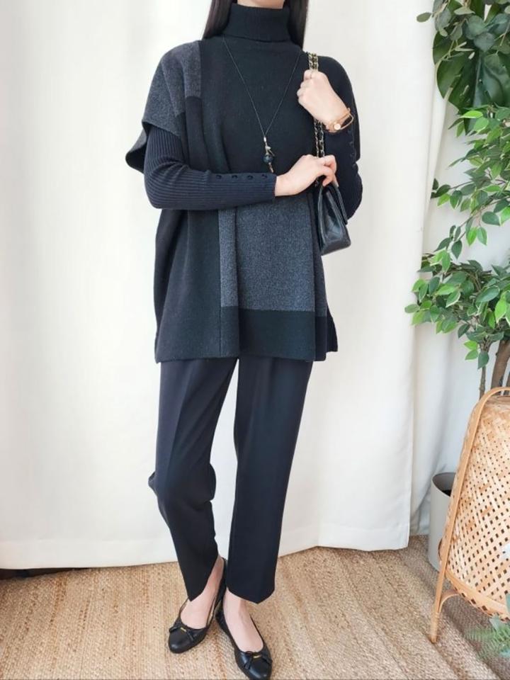 ウール混タートル配色半袖ニット・p001208 レディース 【tops】 韓国ファッション トップス ニット タートルネック ハイネック ハイゲージ ハーフスリーブ 切替 ブロック パターン 柄 ルーズ 体型カバー オーバーサイズ カジュアル 秋 冬 MKT