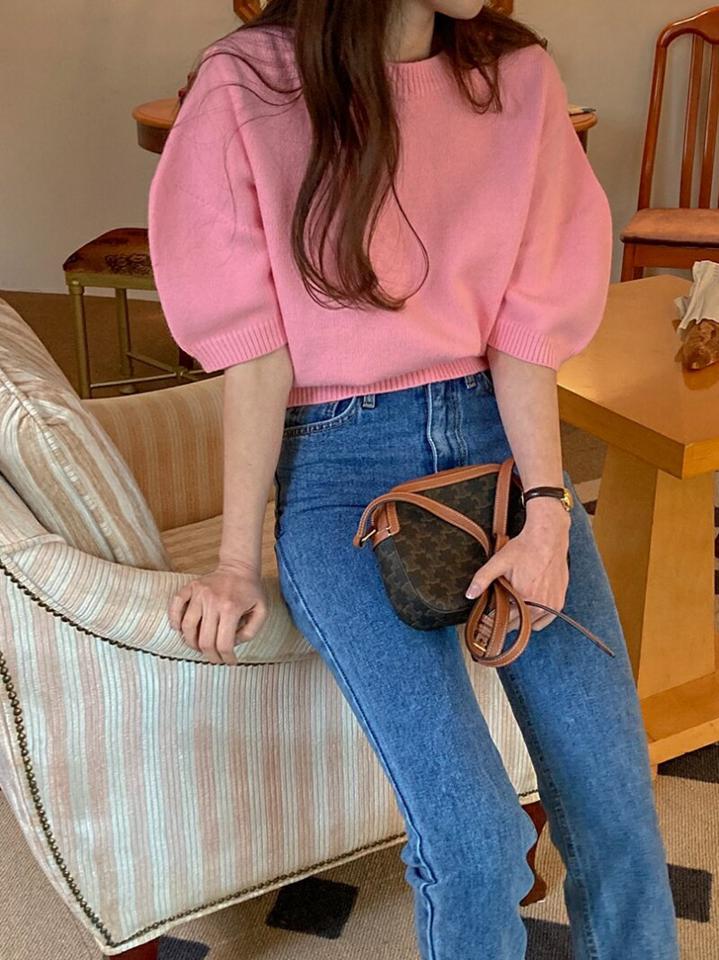 ラウンドネックパフ半袖ニット・p001189 レディース 【tops】トップス ニット 半袖 単色 無地 シンプル ベーシック ラウンドネック パフスリーブ パフ袖 秋 春 サマーニット かわいい 可愛い キュート ラブリー 韓国ファッション MKT