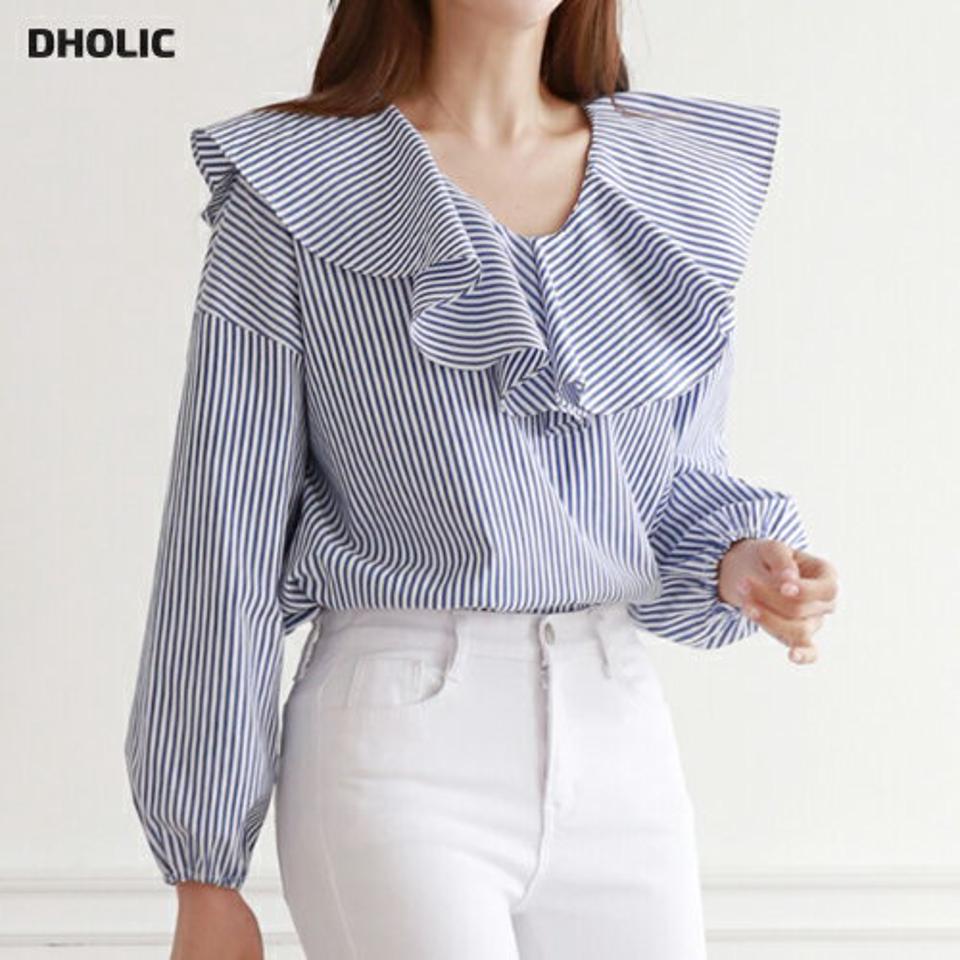 【マケット特価】ストライプラッフルブラウス・p001172 レディース 【bl】ブラウス トップス 長袖 柄 模様 ストライプ ラッフル 襟コン 鎖骨 デコルテ Vネック 秋 春 かわいい 可愛い キュート フェミニン 韓国ファッション MKT セール