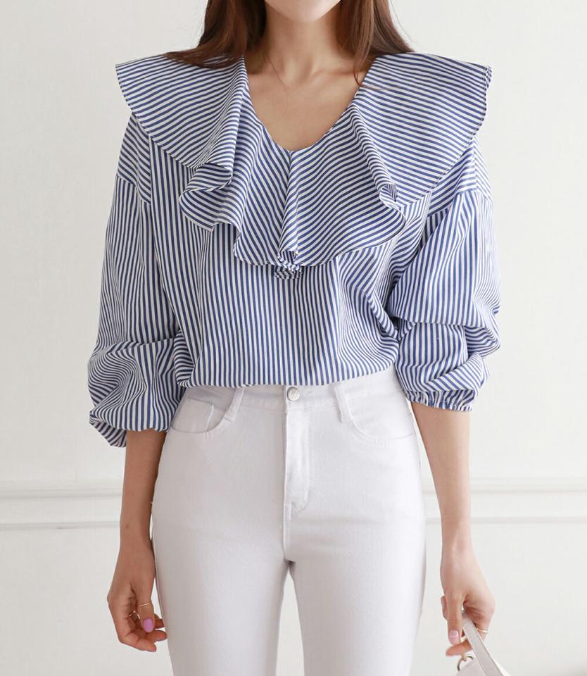 【マケット特価】ストライプラッフルブラウス・p001172 レディース 【bl】ブラウス トップス 長袖 柄 模様 ストライプ ラッフル 襟コン 鎖骨 デコルテ Vネック 秋 春 かわいい 可愛い キュート フェミニン 韓国ファッション MKT セール