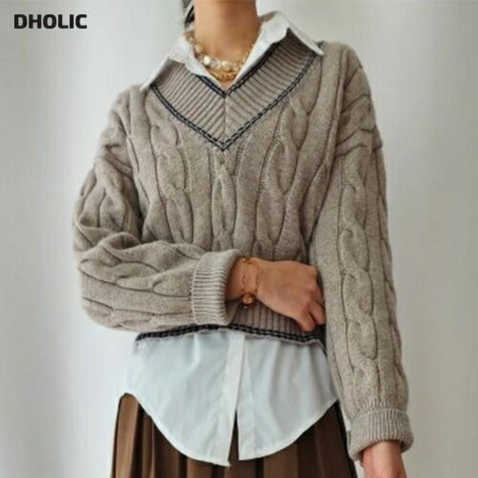 ウール混配色Vネックケーブルニット・p001166 レディース 【tops】トップス 長袖 ニット 柄 模様 配色 ライン ケーブルニット ケーブル編み クロップド丈 Vネック ウール混 秋 冬 カジュアル かわいい 可愛い 韓国ファッション MKT
