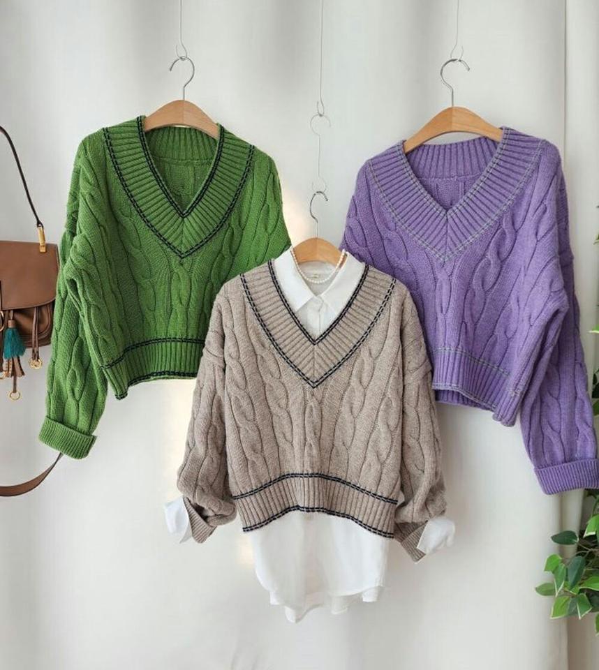 ウール混配色Vネックケーブルニット・p001166 レディース 【tops】トップス 長袖 ニット 柄 模様 配色 ライン ケーブルニット ケーブル編み クロップド丈 Vネック ウール混 秋 冬 カジュアル かわいい 可愛い 韓国ファッション MKT