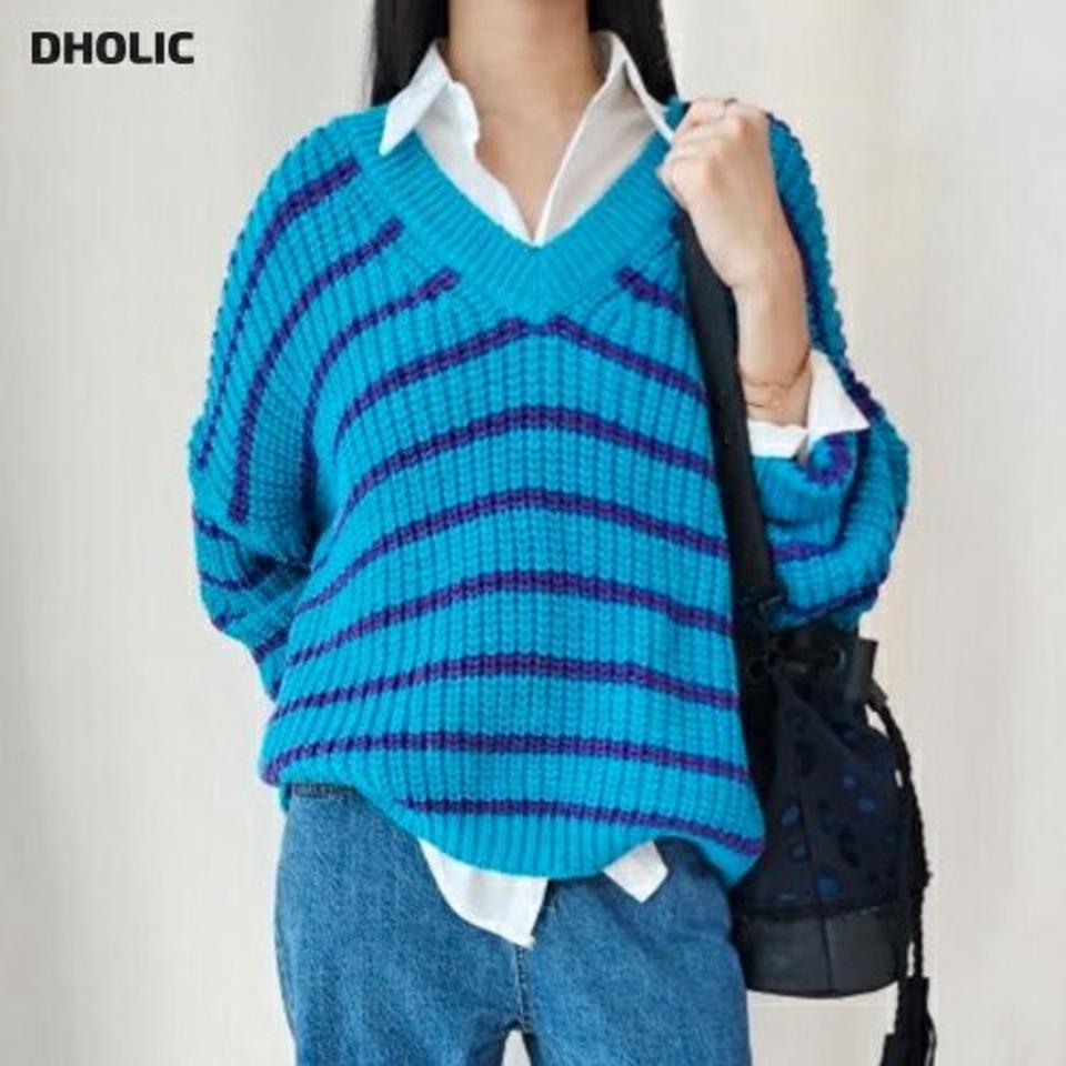 Vネックボーダールーズニット・p001164 レディース 【tops】トップス ニット 長袖 柄 模様 ルーズ 配色 ボーダー Vネック ルーズ ゆったり 楽ちん ラフ 秋 冬 ドロップショルダー 韓国ファッション MKT