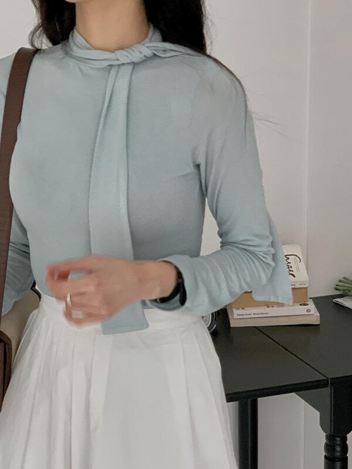 ネックリボン長袖Tシャツ・p001158 レディース 【tops】 韓国ファッション トップス Tシャツ カットソー 長袖 スリム 細身 無地 タイト ネックタイ ボウタイ 無地 薄手 カジュアル 秋 冬 MKT