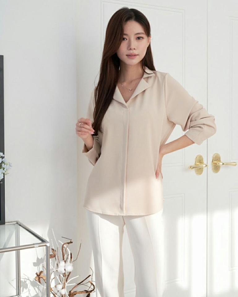 オープンカラーセンターラインブラウス・p001129 レディース 【bl】ブラウス トップス 長袖 単色 無地 シンプル ベーシック 襟 襟コン 秋 冬 オフィスカジュアル オープン襟 鎖骨 デコルテ 秋 冬 フェミニン きれいめ 韓国ファッション MKT