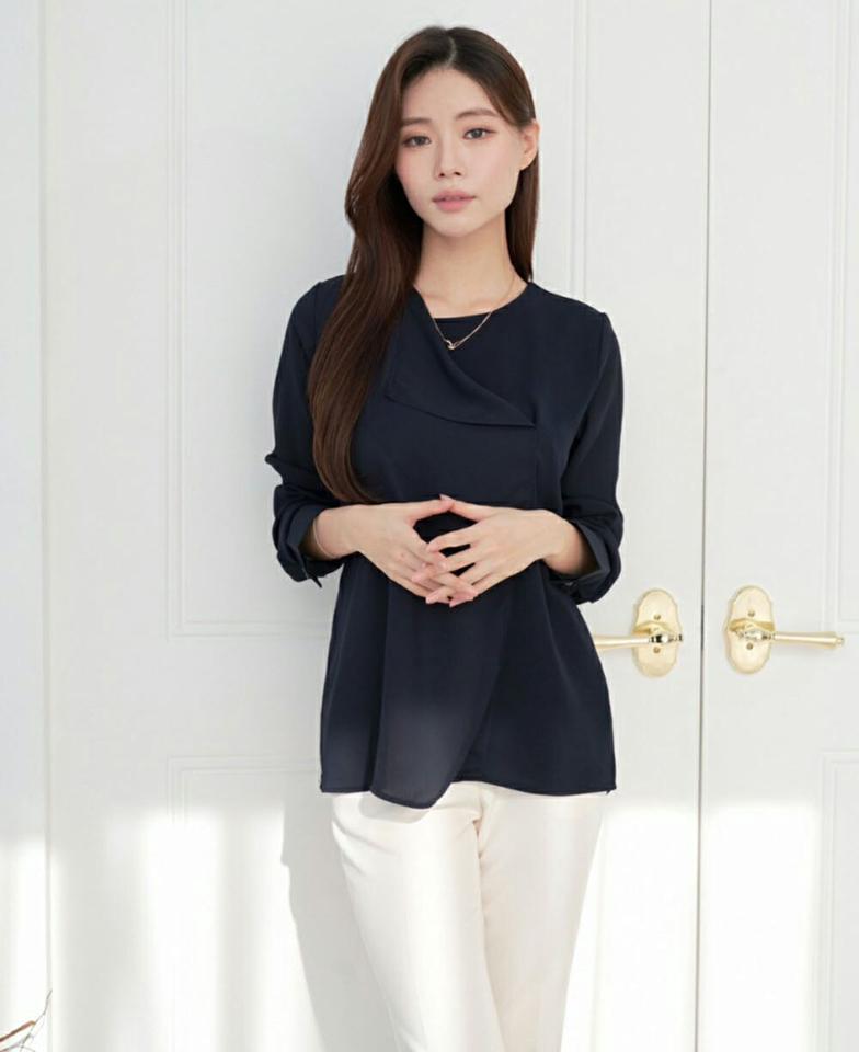 カシュクール調アンバランスブラウス・p001128 レディース 【bl】ブラウス トップス 長袖 カシュクール調 単色 無地 シンプル ベーシック アンバランス オフィスカジュアル 秋 冬 大人 フェミニン きれいめ 韓国ファッション MKT