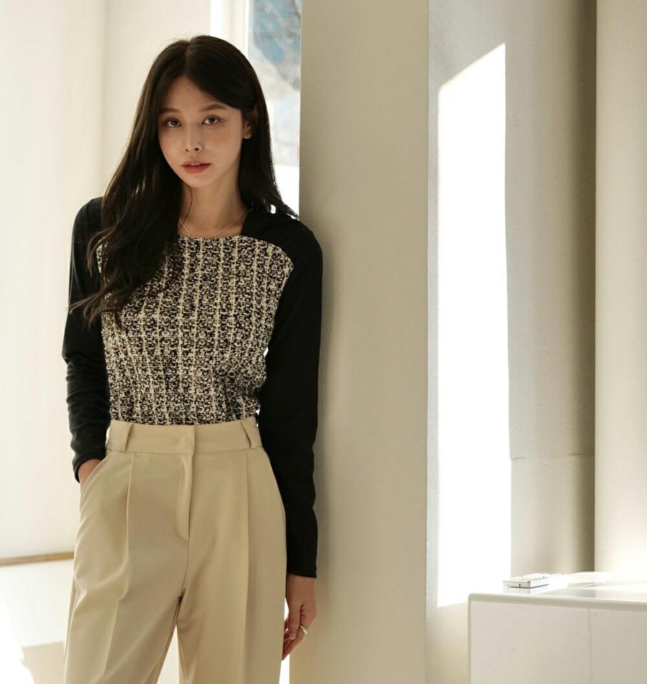 ツイード配色ギャザーTシャツ・t00232 レディース 【tops】トップス Tシャツ 大人 長袖 ツイード 配色 ショルダーギャザー デコルテ 大人 上品 可愛い かわいい フェミニン カジュアル 秋 冬 韓国ファッション