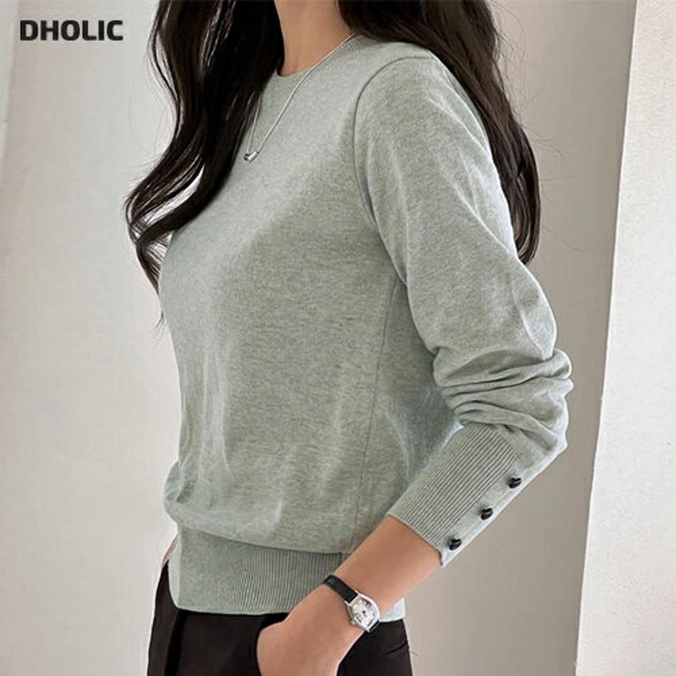 ボタンラウンドネックニット・b00234 レディース 【tops】トップス ニット 大人 長袖 ラウンドネック ボタン リブヘム シンプル メランジカラー フェミニン カジュアル かわいい 可愛い 秋 冬 韓国ファッション