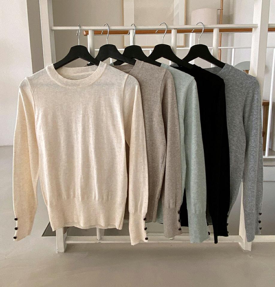 ボタンラウンドネックニット・b00234 レディース 【tops】トップス ニット 大人 長袖 ラウンドネック ボタン リブヘム シンプル メランジカラー フェミニン カジュアル かわいい 可愛い 秋 冬 韓国ファッション