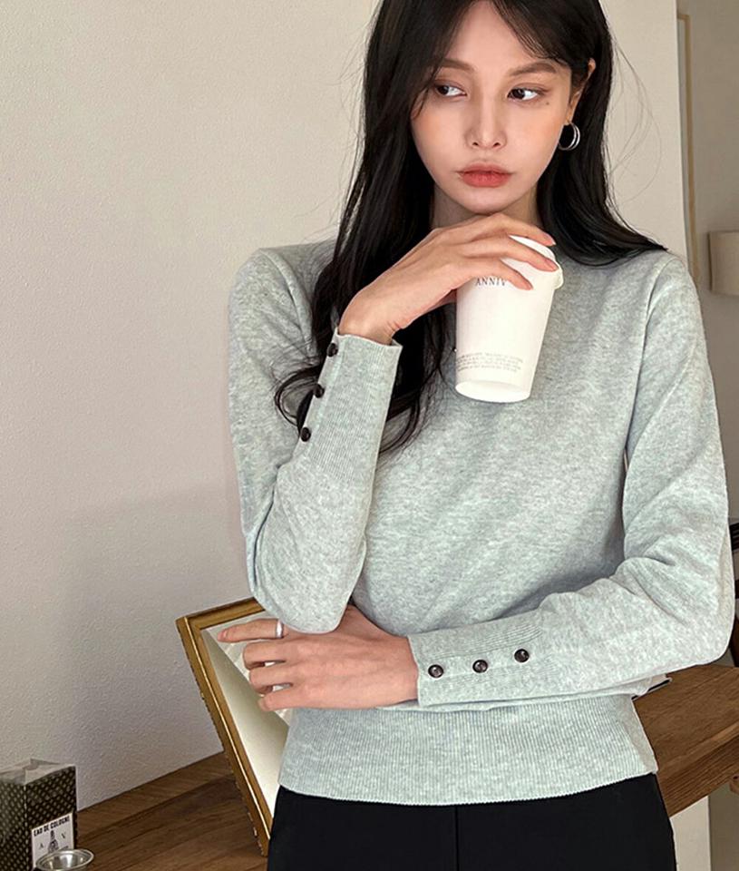 ボタンラウンドネックニット・b00234 レディース 【tops】トップス ニット 大人 長袖 ラウンドネック ボタン リブヘム シンプル メランジカラー フェミニン カジュアル かわいい 可愛い 秋 冬 韓国ファッション
