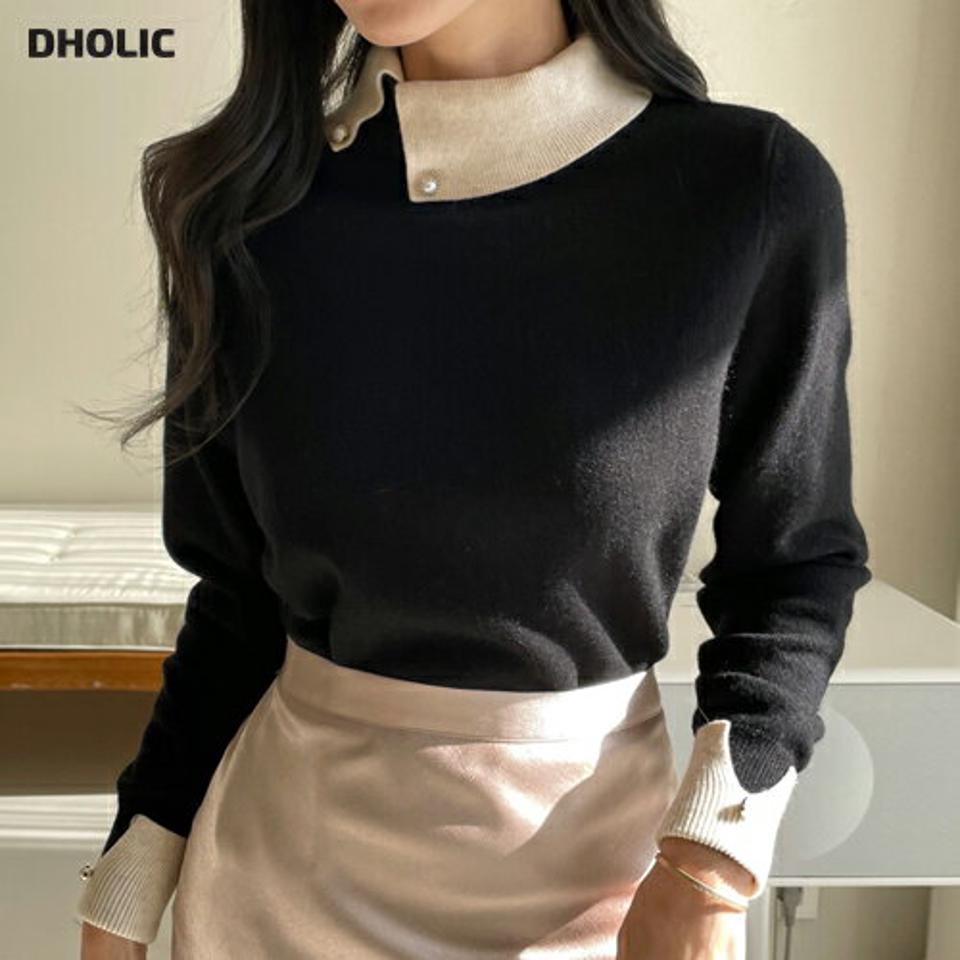 ウール混パール調ボタンカラー配色ニット・b00260 レディース 【tops】トップス ニット 大人 長袖 ウール混 パール調 ボタン アンバランスカラー 配色 フェミニン カジュアル かわいい 可愛い 秋 冬 韓国ファッション