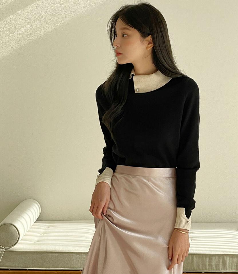 ウール混パール調ボタンカラー配色ニット・b00260 レディース 【tops】トップス ニット 大人 長袖 ウール混 パール調 ボタン アンバランスカラー 配色 フェミニン カジュアル かわいい 可愛い 秋 冬 韓国ファッション