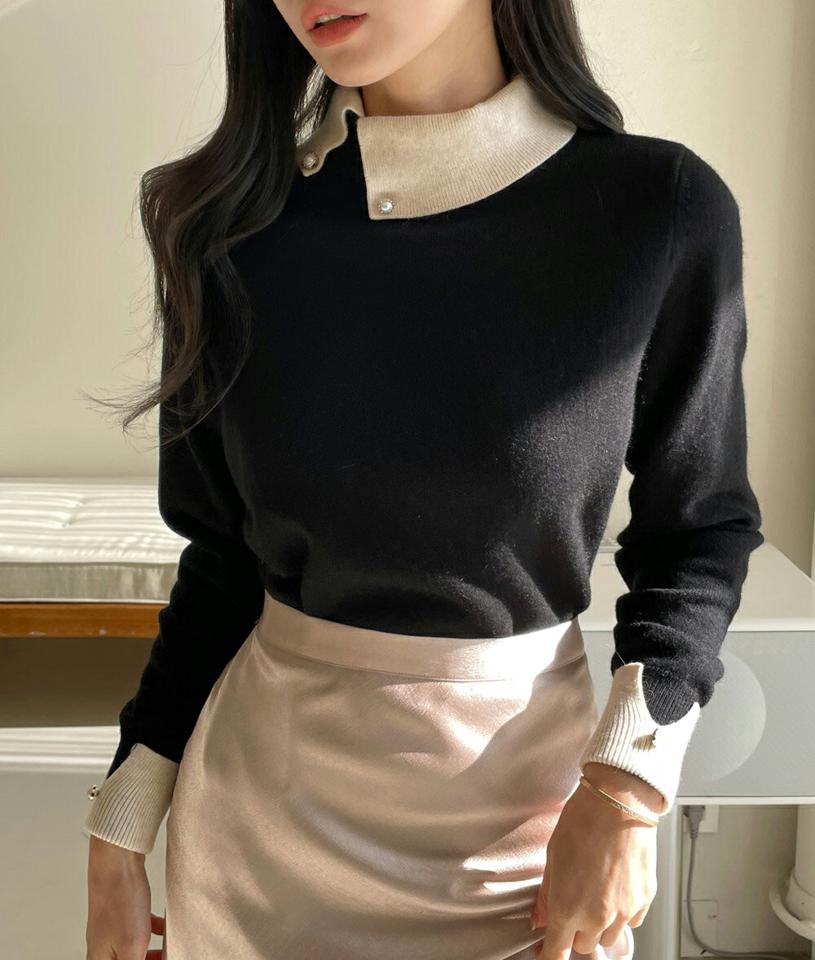 ウール混パール調ボタンカラー配色ニット・b00260 レディース 【tops】トップス ニット 大人 長袖 ウール混 パール調 ボタン アンバランスカラー 配色 フェミニン カジュアル かわいい 可愛い 秋 冬 韓国ファッション