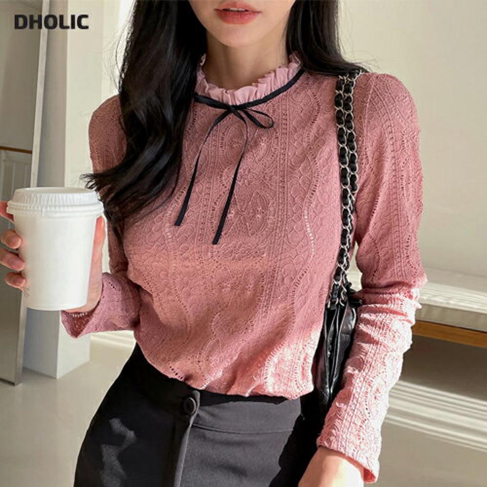 ネックフリルリボンレースブラウス・t00251 レディース 【bl】トップス ブラウス 長袖 フリルネック ウェーブレース リボン フリル スリット 大人 かわいい 可愛い 上品 きれいめ カジュアル フェミニン 秋 冬 韓国ファッション