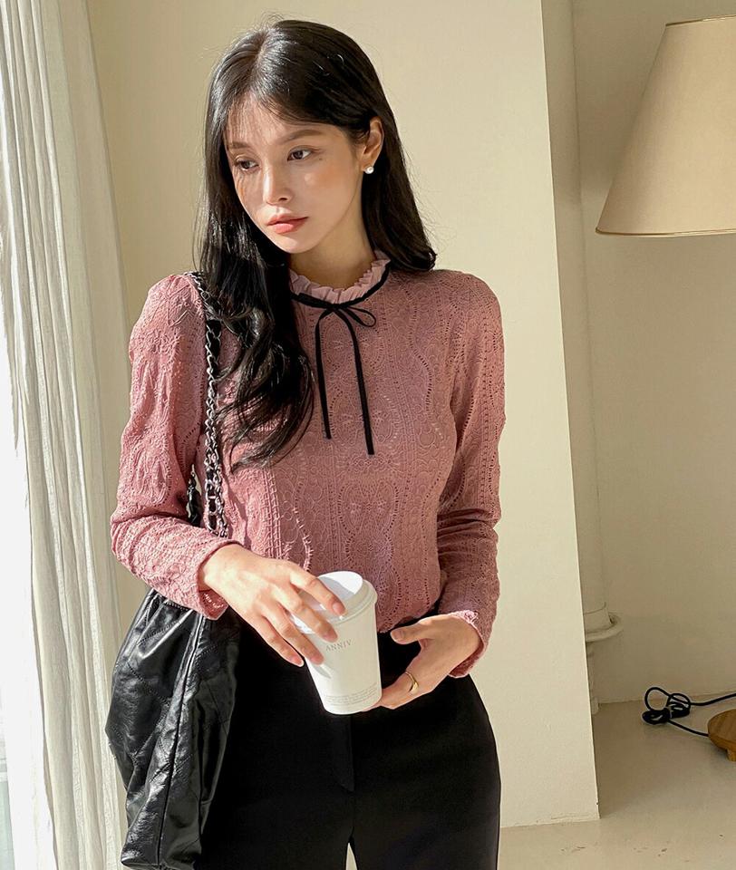 ネックフリルリボンレースブラウス・t00251 レディース 【bl】トップス ブラウス 長袖 フリルネック ウェーブレース リボン フリル スリット 大人 かわいい 可愛い 上品 きれいめ カジュアル フェミニン 秋 冬 韓国ファッション